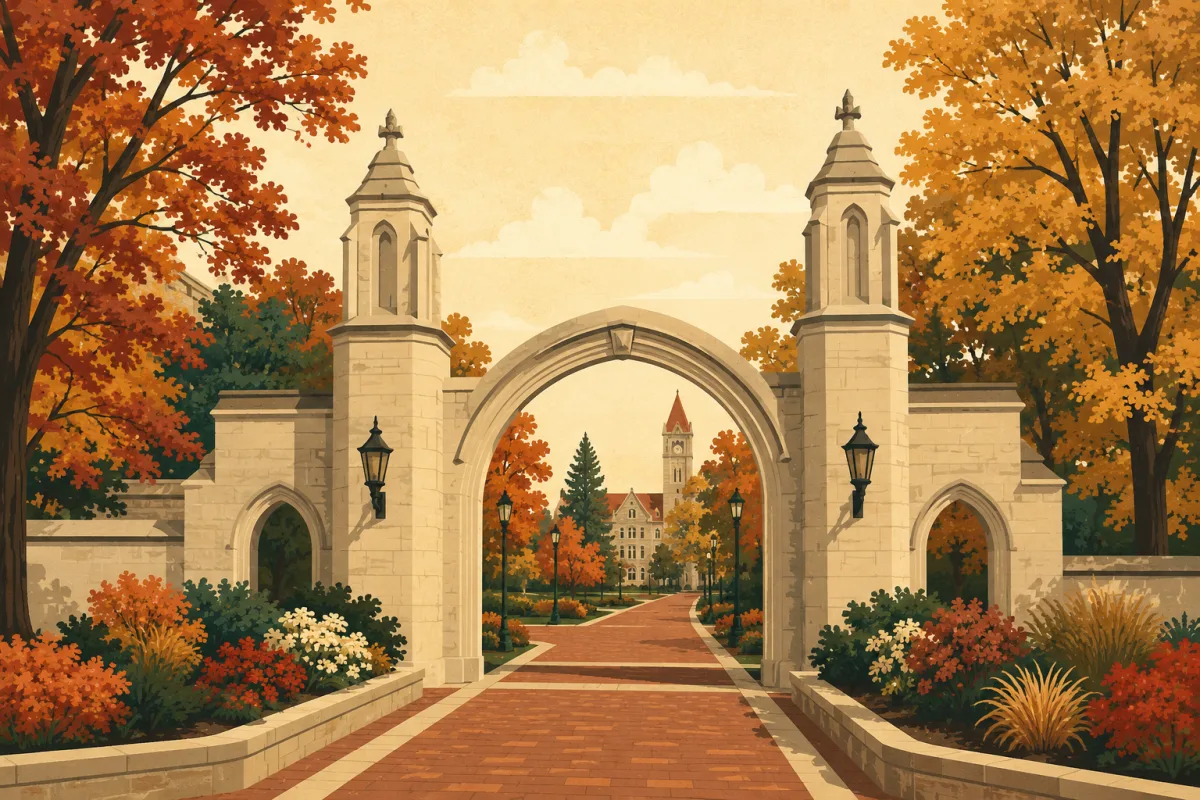 Stylized illustration of the Indiana University Sample Gates in Bloomington