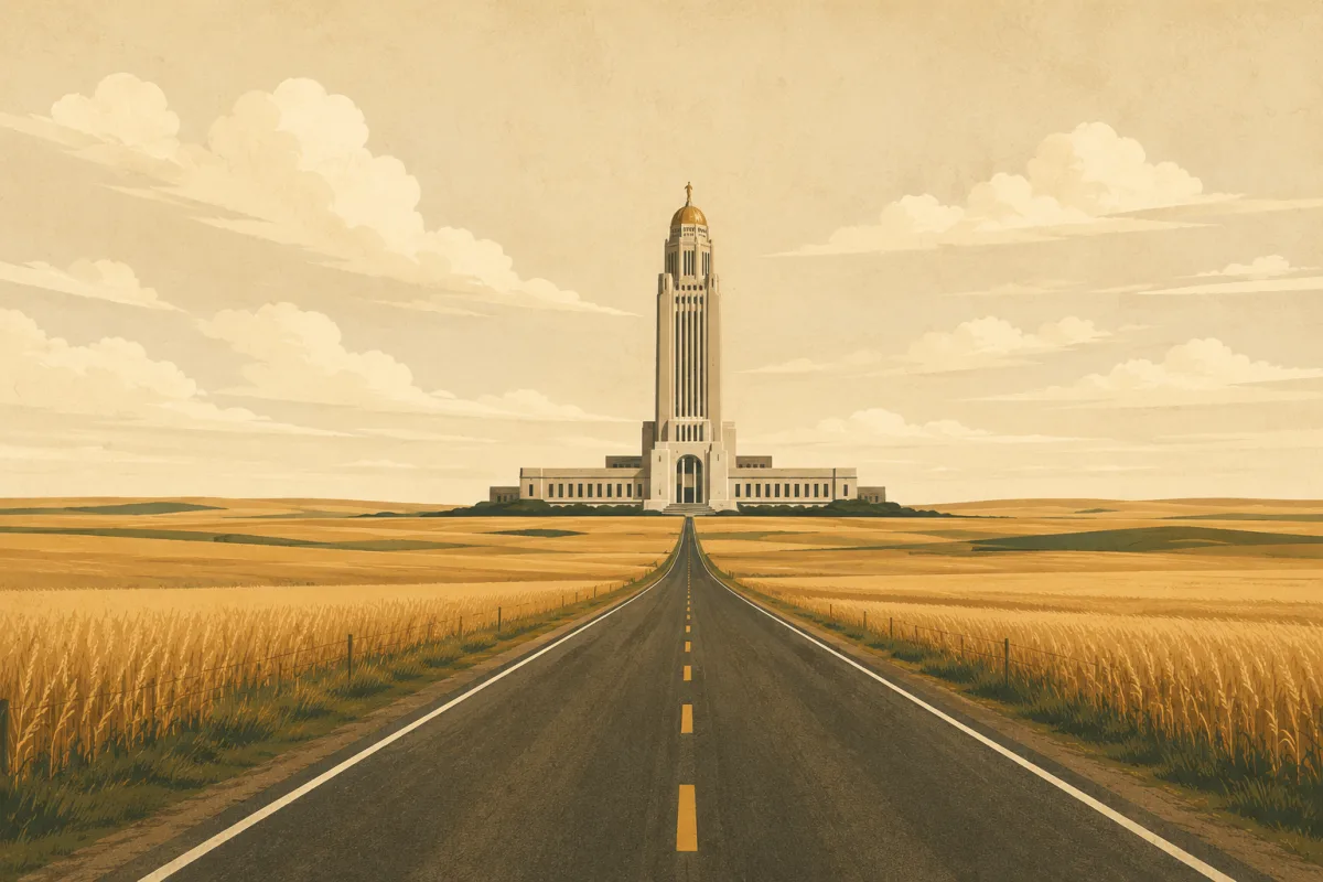 Stylized illustration of the Nebraska State Capitol in Lincoln