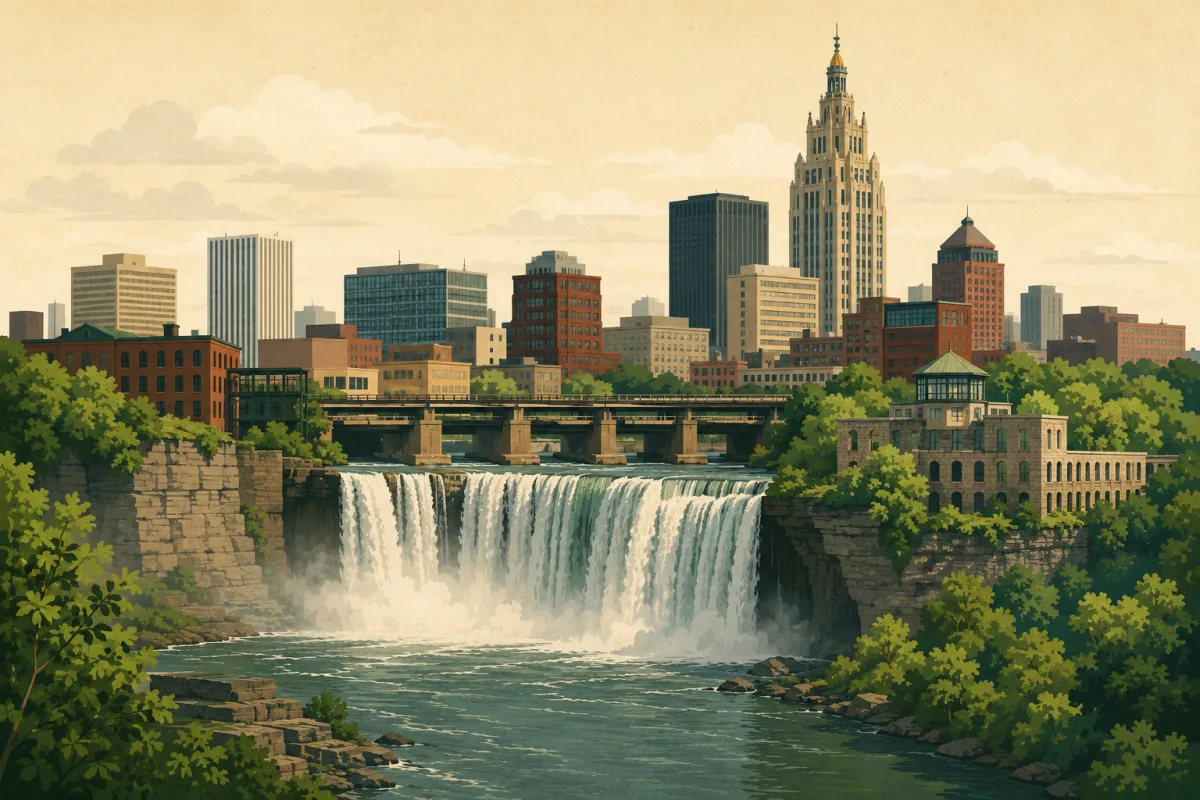 Stylized illustration of the High Falls and Kodak Tower skyline in Rochester